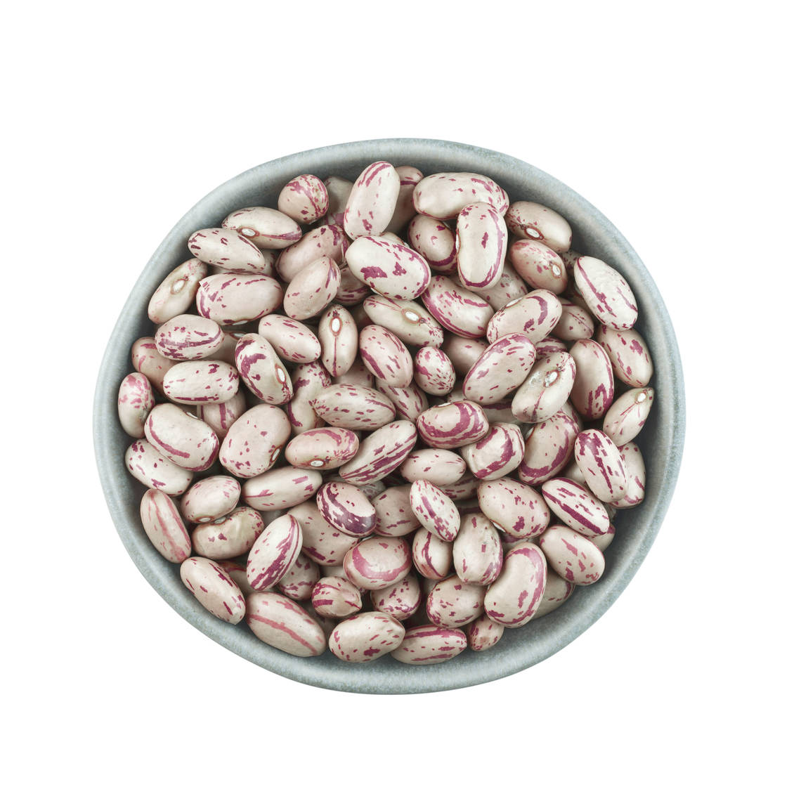 Un cuenco de porotos pintos Los porotos pintos o cranberry deben su nombre a las hermosas marcas de color arándano en la capa exterior de su piel que desaparecen al cocinarlos.